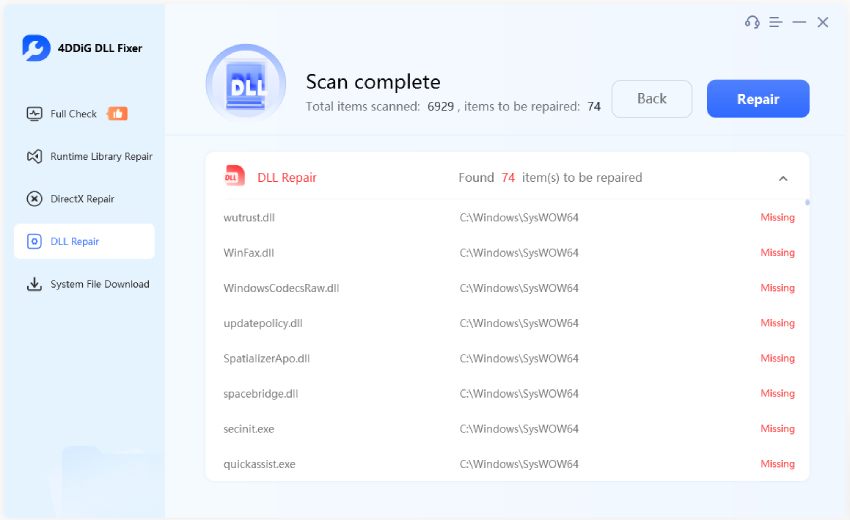 start repairing system dll files