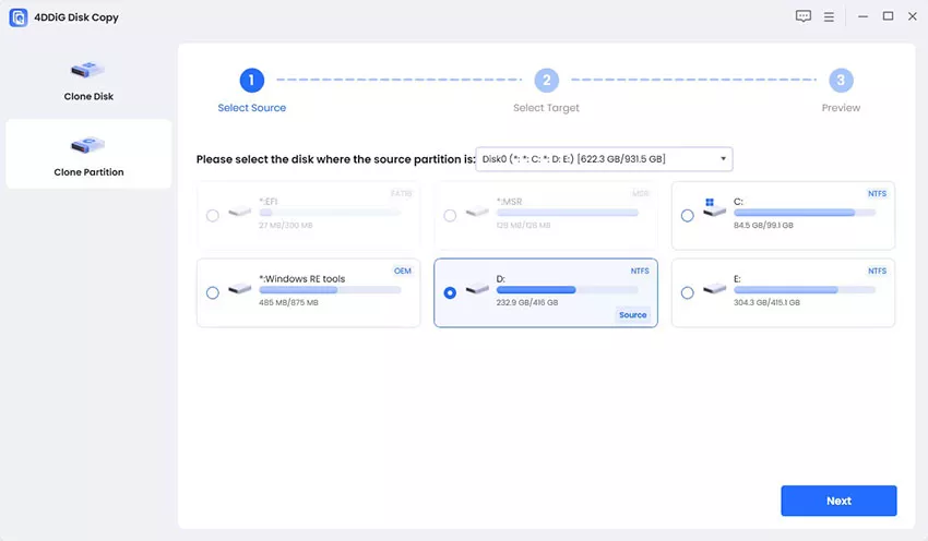 select Clone Partition and choose source artition